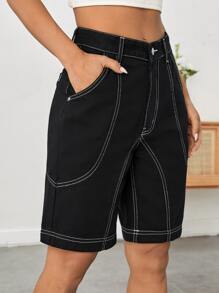 High Waist Top-stitching Bermuda Denim Shorts - Black - View 5