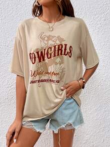 SHEIN Essnce Horse And Slogan Graphic Drop Shoulder Tee - Khaki - View 1