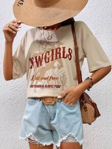 SHEIN Essnce Horse And Slogan Graphic Drop Shoulder Tee - Khaki - View 4