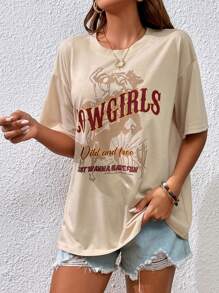 SHEIN Essnce Horse And Slogan Graphic Drop Shoulder Tee - Khaki - View 6