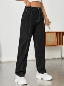 High Waist Top-stitching Straight Leg Jeans - Black - View 3
