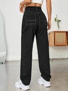 High Waist Top-stitching Straight Leg Jeans - Black - View 1
