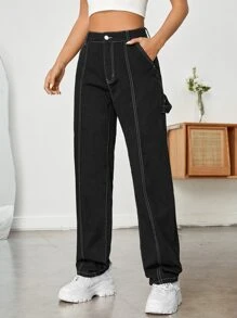 High Waist Top-stitching Straight Leg Jeans - Black - View 4