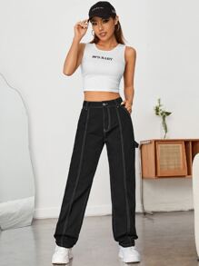 High Waist Top-stitching Straight Leg Jeans - Black - View 5