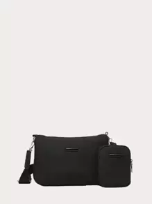 Trendy Baguette Bag連同包女士鏈條斜挎包純色手提包鏈條裝飾斜挎包附錢包 - 黑色 - 查看 2