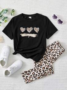 SHEIN Leap Crew Camiseta Con Estampado De Corazones Y Mallas Estampadas De Leopardo Para Niña Joven - Multicolor - Ver 1