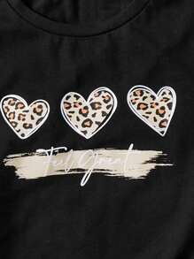 SHEIN Leap Crew Camiseta Con Estampado De Corazones Y Mallas Estampadas De Leopardo Para Niña Joven - Multicolor - Ver 3