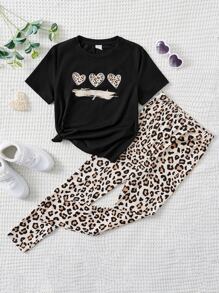 SHEIN Leap Crew Camiseta Con Estampado De Corazones Y Mallas Estampadas De Leopardo Para Niña Joven - Multicolor - Ver 5