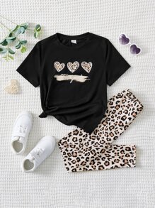 SHEIN Leap Crew Camiseta Con Estampado De Corazones Y Mallas Estampadas De Leopardo Para Niña Joven - Multicolor - Ver 6