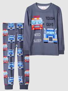 2入組十幾歲男孩卡車印花保暖睡衣套裝,休閒服裝 - 彩色 - 查看 1