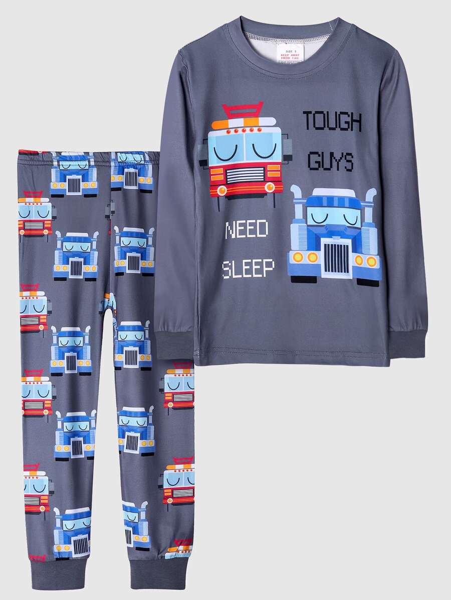2入組十幾歲男孩卡車印花保暖睡衣套裝,休閒服裝 - 彩色 - 查看 1