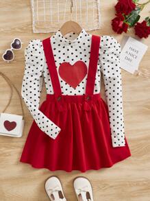 SHEIN Tween Girl Polka Dot & Heart Print Gigot Sleeve Tee & Suspender Skirt