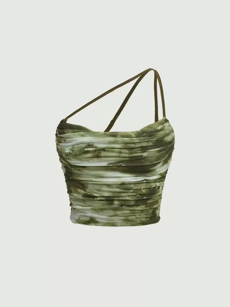 SHEIN MOD Green Retro Tie Dye One Shoulder Ruched Side Draped Detail Crop Top