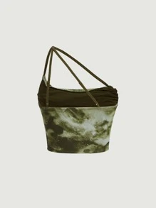 SHEIN MOD Green Retro Tie Dye One Shoulder Ruched Side Draped Detail Crop Top