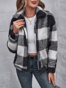 SHEIN LUNE Gingham Zip Up Flannel Jacket - Black and White - View 1