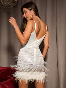 Allurite Fuzzy Trim Sequin Cami Dress - White - View 2