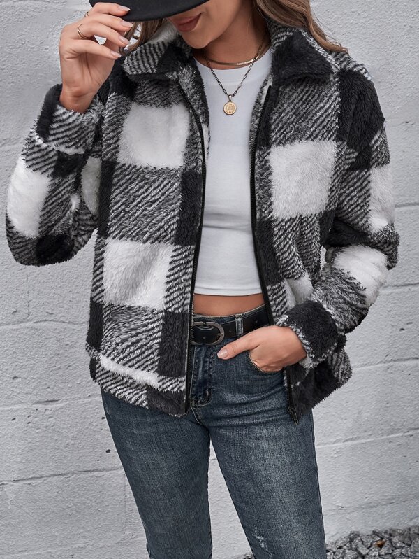 SHEIN LUNE Gingham Zip Up Flannel Jacket SHEIN USA