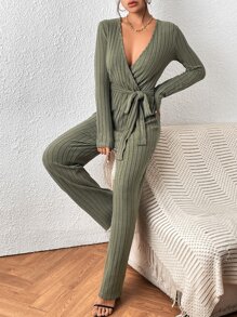 SHEIN Essnce Mono de cuello cruzado con cinturón tejido de canalé - Verde militar - Ver 1