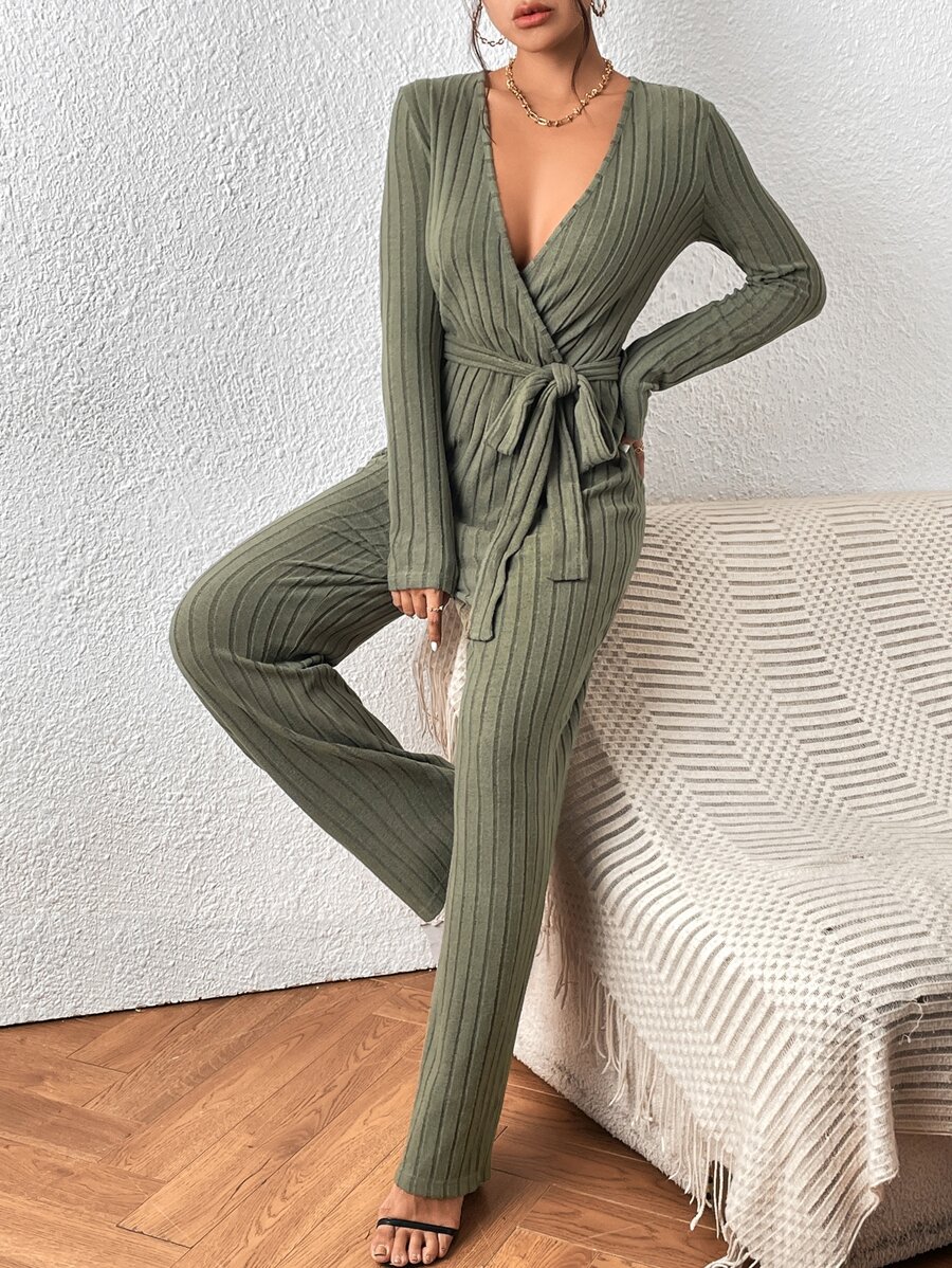SHEIN Essnce Mono de cuello cruzado con cinturón tejido de canalé - Verde militar - Ver 1