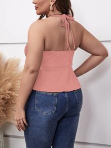 SHEIN Holidaya Plus Tie Backless Hanky Hem Halter Top - Coral Pink - View 2
