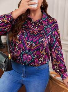 SHEIN Frenchy Plus Paisley Print Lantern Sleeve Shirt - Multicolor - View 3