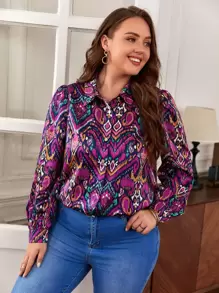 SHEIN Frenchy Plus Paisley Print Lantern Sleeve Shirt - Multicolor - View 4