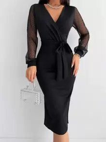 EURMUSE Contrast Dobby Mesh Lantern Sleeve Overlap Collar Belted Bodycon Dress - Black - View 4