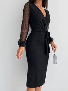 EURMUSE Contrast Dobby Mesh Lantern Sleeve Overlap Collar Belted Bodycon Dress - Black - View 5