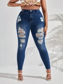 Jeans ajustados desgarro - Azul lavado oscuro - Ver 1