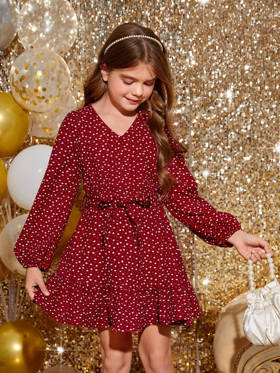 SHEIN 女孩紙屑愛心圖案荷葉邊繫腰帶連衣裙 - 酒紅色 - 查看 1