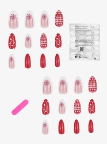 prettysecrets 24 cái Dài Almond Snowflake Pattern Nail Fake & 1sheet Tape & 1pc Nail File - Nhiều màu - Xem 2