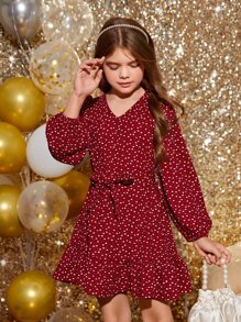 SHEIN 女孩紙屑愛心圖案荷葉邊繫腰帶連衣裙 - 酒紅色 - 查看 3