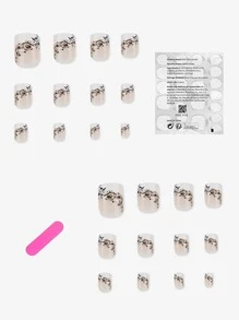 prettysecrets 24 件套按压式短指甲，法式印花花卉指甲按压式假指甲指甲用品，适合女孩/女士 - 彩色 - 查看 2