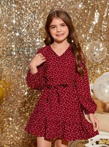 SHEIN 女孩紙屑愛心圖案荷葉邊繫腰帶連衣裙 - 酒紅色 - 查看 5