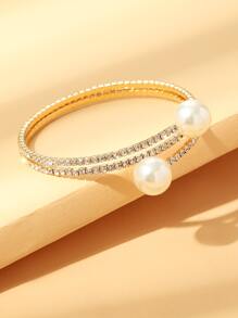 水鑽和人造珍珠裝飾圍裹手鐲 - 金黃色 - 查看 2
