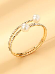 水鑽和人造珍珠裝飾圍裹手鐲 - 金黃色 - 查看 3