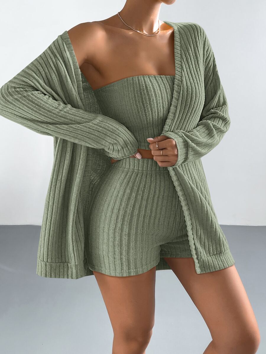 SHEIN EZwear 落肩袖開門襟外套和抹胸上衣和短褲 - 綠色 - 查看 1