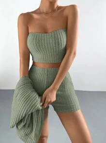 SHEIN EZwear 落肩袖開門襟外套和抹胸上衣和短褲 - 綠色 - 查看 3