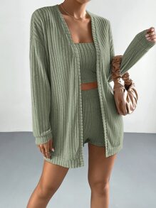 SHEIN EZwear 落肩袖開門襟外套和抹胸上衣和短褲 - 綠色 - 查看 5