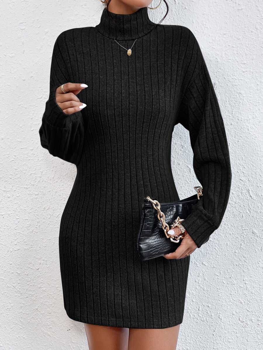 SHEIN Essnce 高領落肩袖螺紋針織洋裝 - 黑色 - 查看 1