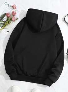 SHEIN EZwear Slogan & Cartoon Graphic Kangaroo Pocket Drawstring Thermal Hoodie - Black - View 2