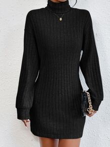 SHEIN Essnce 高領落肩袖螺紋針織洋裝 - 黑色 - 查看 4