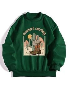 SHEIN EZwear Cactus & Letter Graphic Mock Neck Thermal Pullover - Dark Green - View 1