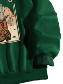 SHEIN EZwear Cactus & Letter Graphic Mock Neck Thermal Pullover - Dark Green - View 4