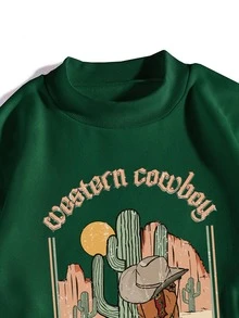 SHEIN EZwear Cactus & Letter Graphic Mock Neck Thermal Pullover - Dark Green - View 5