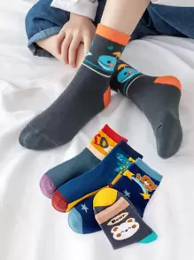 5 双儿童男孩卡通动物恐龙鲸鱼熊字母中筒袜，适合日常穿着和上学季节 - 彩色 - 查看 1