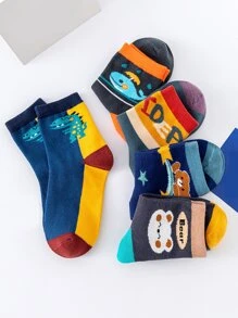 5 双儿童男孩卡通动物恐龙鲸鱼熊字母中筒袜，适合日常穿着和上学季节 - 彩色 - 查看 2