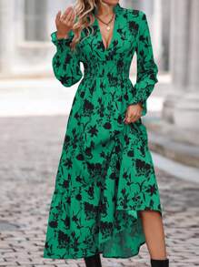 SHEIN Clasi Vestido con estampado floral de manga con volante bajo con fruncido - Verde - Ver 1