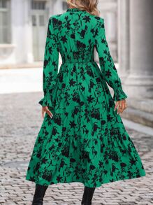 SHEIN Clasi Vestido con estampado floral de manga con volante bajo con fruncido - Verde - Ver 2