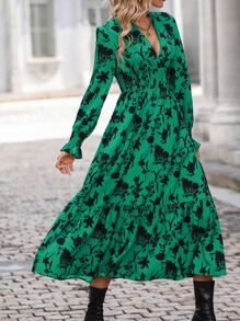 SHEIN Clasi Vestido con estampado floral de manga con volante bajo con fruncido - Verde - Ver 4
